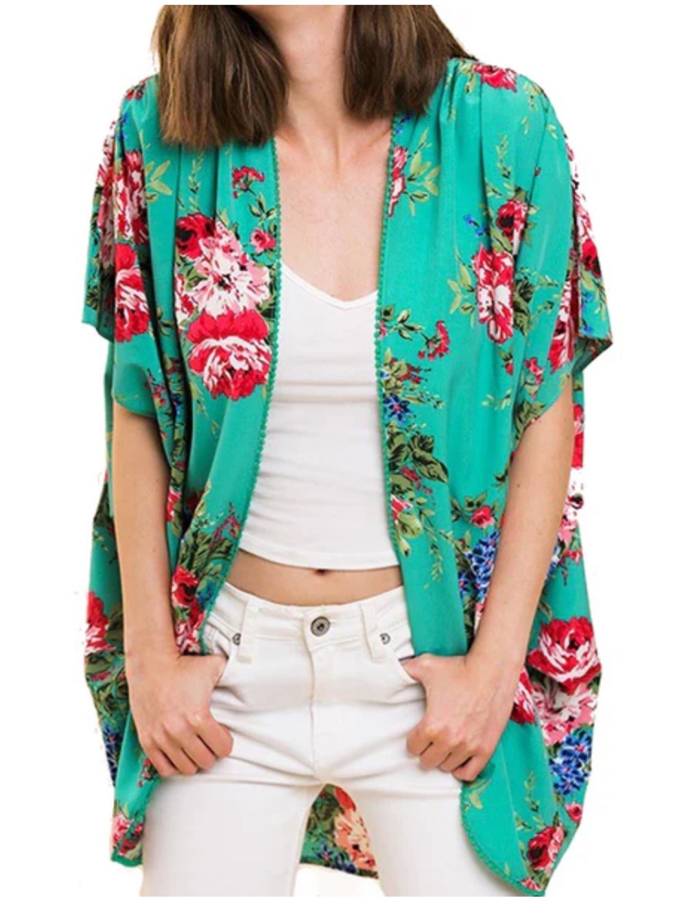 Umgee Teal Green Floral Open Kimono with Red & Pink Blooms Small / Medium